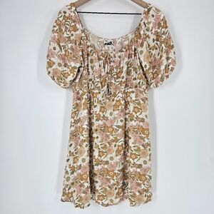 Arula Neutral Floral Puff Sleeve Mini Dress